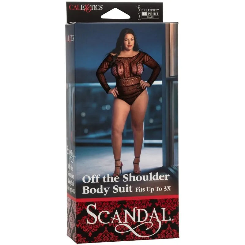 Body grande taille noir à épaules dénudées, dentelle sensuelle, modèle jusqu'à 3X, emballage Scandal CalExotics.