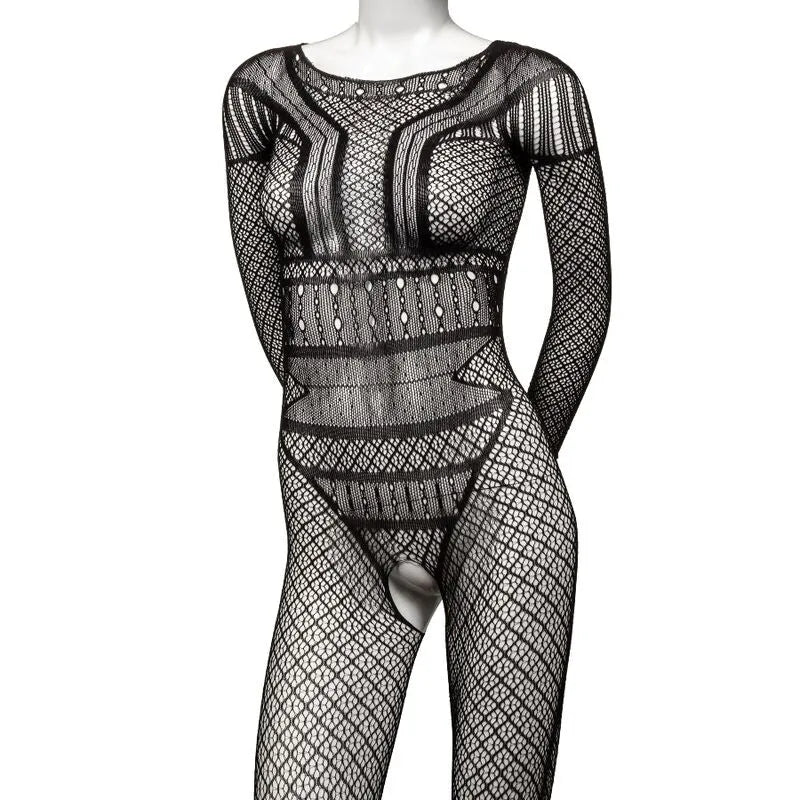 Body en dentelle noire pleine longueur, sans entrejambe, motifs géométriques, manches longues, ajustement séduisant.