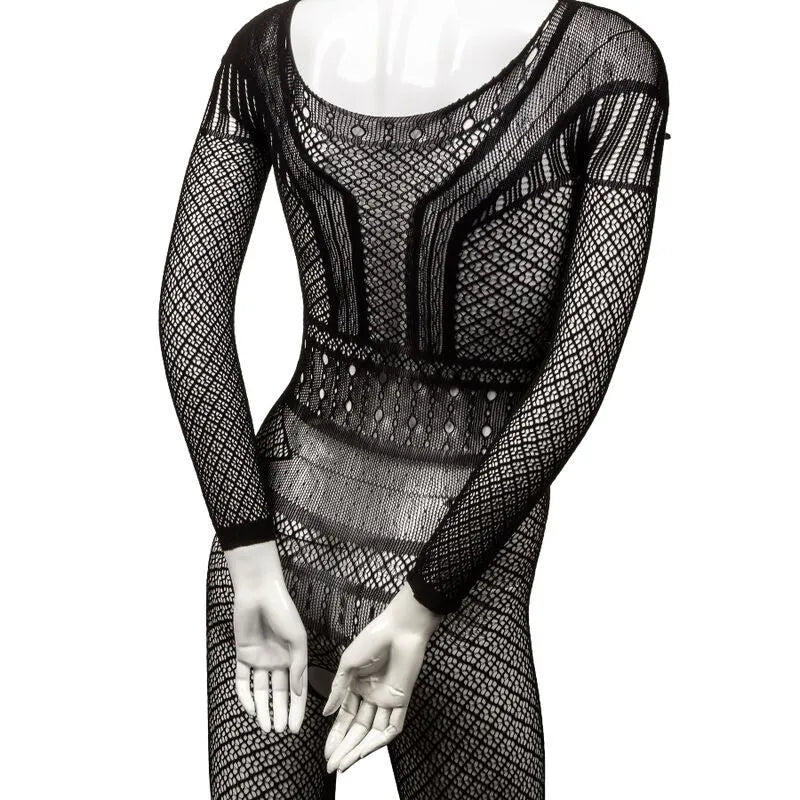 Body en dentelle noire pleine longueur, sans entrejambe, avec motifs en maille, mettant en valeur la silhouette.