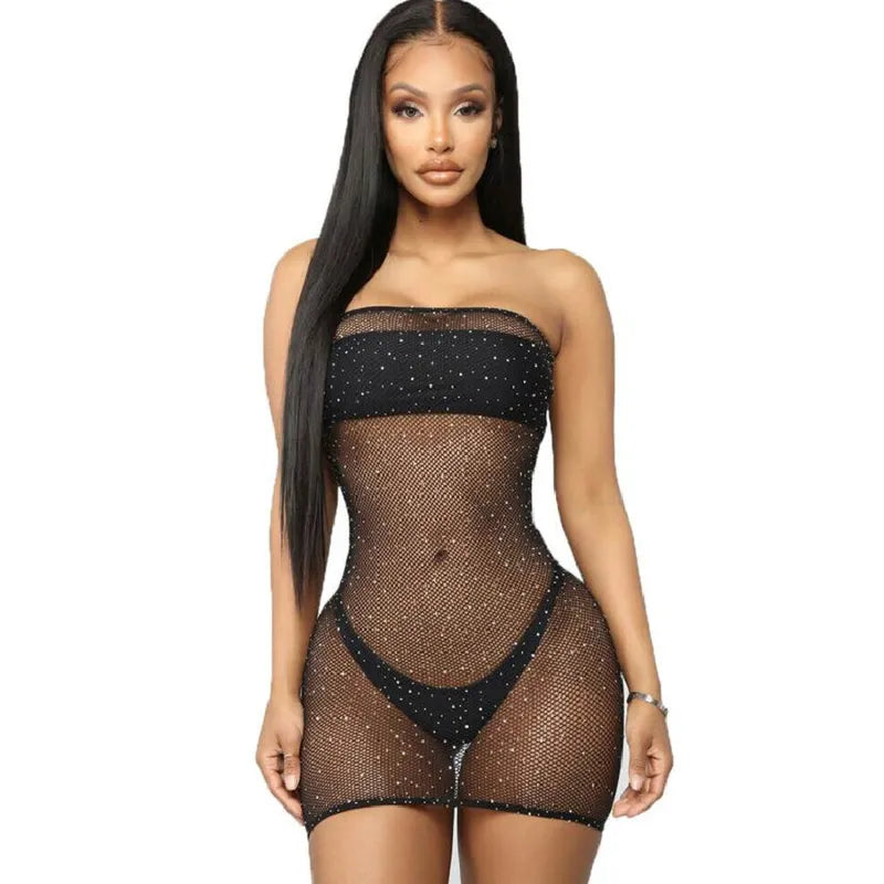 QUEEN LINGERIE - ROBE CORPS EN FILET AVEC DIAMANTS