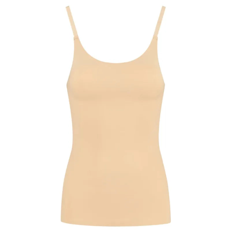Débardeur beige invisible Bye Bra, microfibre légère, bretelles fines réglables, contrôle léger, ajustement parfait.