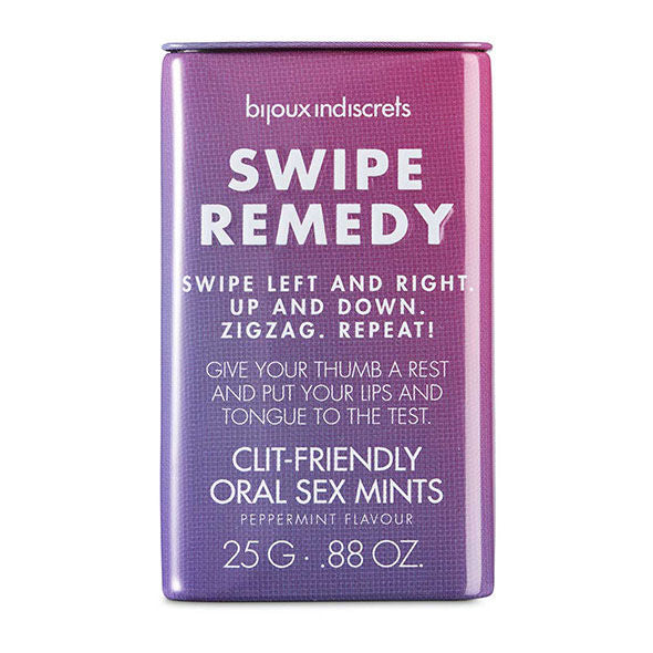 Boîte de bonbons mentholés Bijoux Indiscrets Swipe Remedy pour intensifier le sexe oral, dégradé violet et rose.