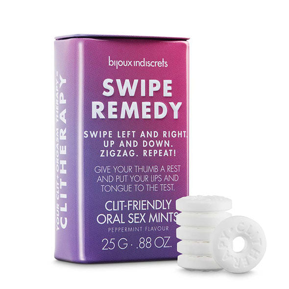 Bonbons mentholés Swipe Remedy pour sexe oral, emballage violet, texte blanc, 25g, plaisir intense et contrasté.