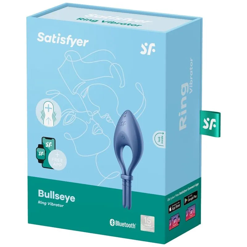 Anneau vibrant Satisfyer Bullseye bleu en silicone médical, design élégant, ajustable, contrôlable via application.