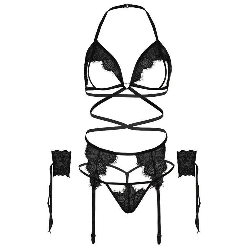 LEG AVENUE - ENSEMBLE QUATRE PIÈCES SOUTIEN-GORGE, STRING, PORTE-JARRETELLES ET POIGNETS - NOIR