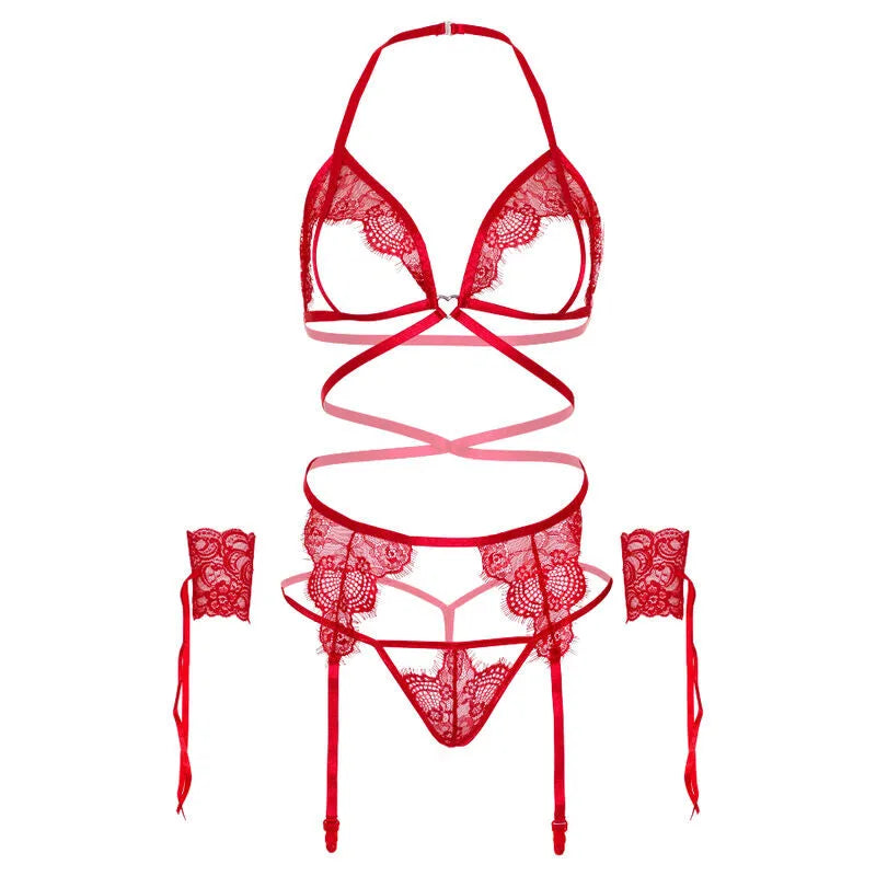 LEG AVENUE - ENSEMBLE QUATRE PIÈCES SOUTIEN-GORGE, STRING, PORTE-JARRETELLES ET POIGNETS - ROUGE