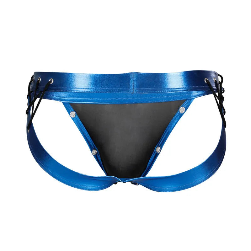 Jockstrap bleu Cut4men, design ergonomique, poche frontale, soutien sport masculin, polyester élasthanne.