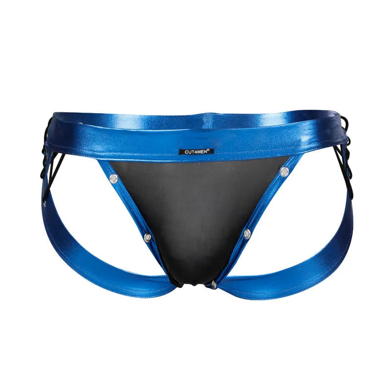 Jockstrap bleu Cut4men, design ergonomique, poche frontale, soutien sport masculin, polyester élasthanne.