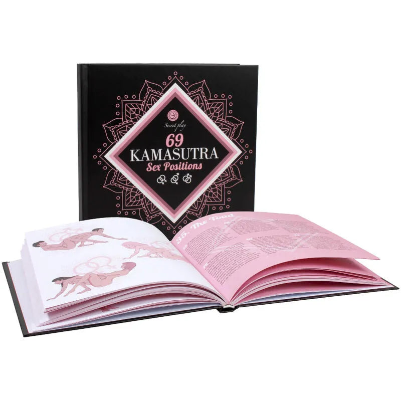 livre érotique Kamasutra soixante neuf positions sexuelles illustrées stylisées guide couple intimité sensuelle couverture noire mandala rose blanche reliure rigide