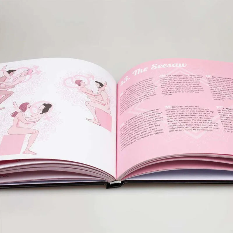 livre érotique Kamasutra soixante neuf positions sexuelles illustrées stylisées guide couple intimité sensuelle couverture noire mandala rose blanche reliure rigide