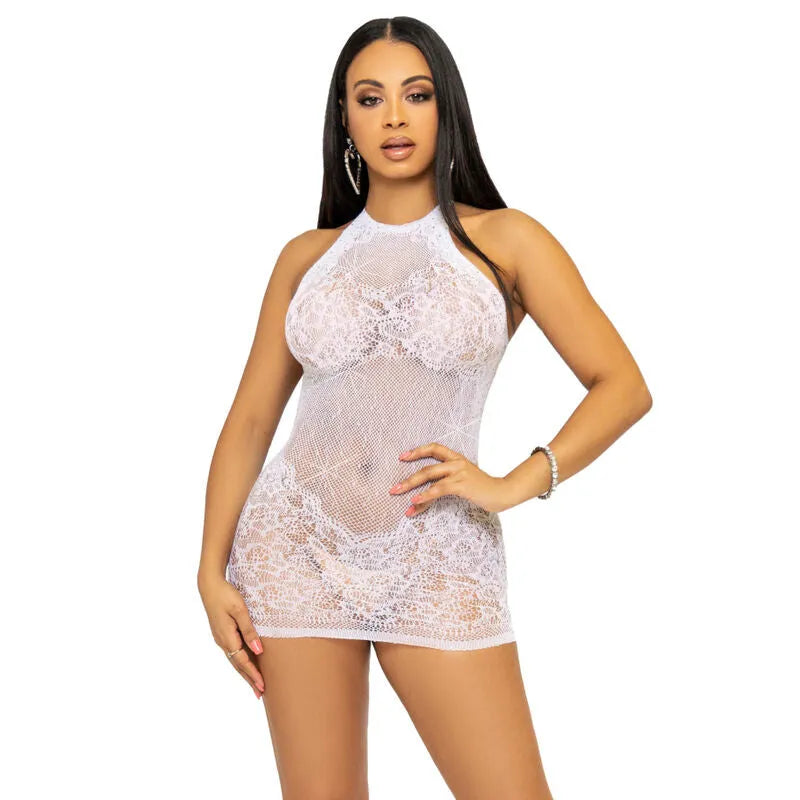 LEG AVENUE - RHINESTONE HALTER MINI ROBE - BLANC
