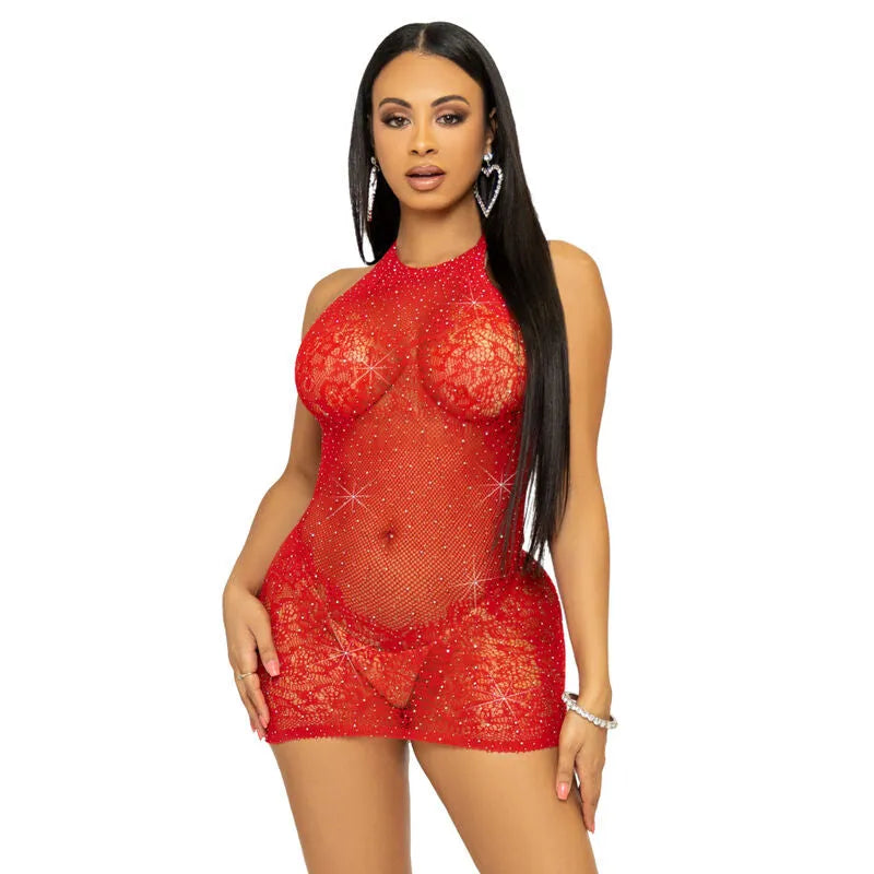 LEG AVENUE - RHINESTONE HALTER MINI ROBE - ROUGE