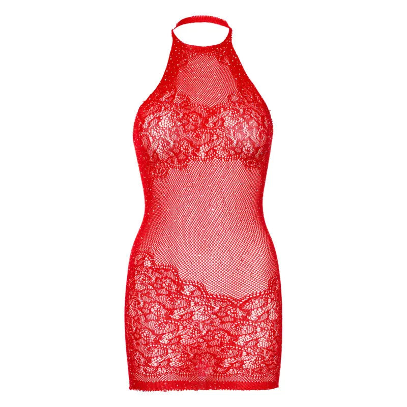 LEG AVENUE - RHINESTONE HALTER MINI ROBE - ROUGE