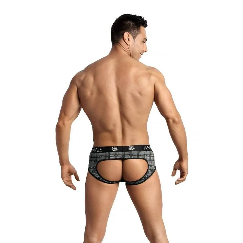 Slip bikini homme à carreaux noirs, gris, blancs, coupe audacieuse, fesses ouvertes, microfibre douce, Anais Apparel.