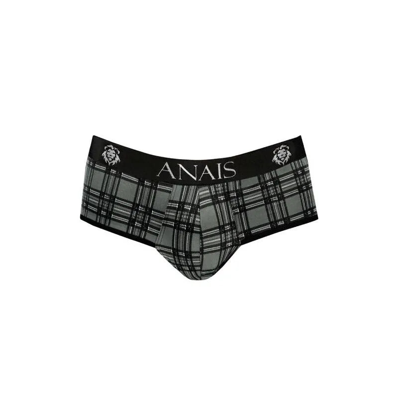 Slip bikini homme Anais à carreaux noirs, gris, blancs, coupe audacieuse, microfibre douce, fesses ouvertes.