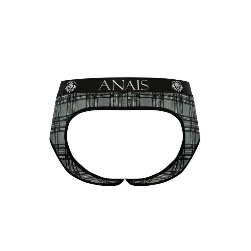 Slip bikini homme à carreaux noirs, gris et blancs, coupe audacieuse, fesses ouvertes, microfibre douce, Anais Men.