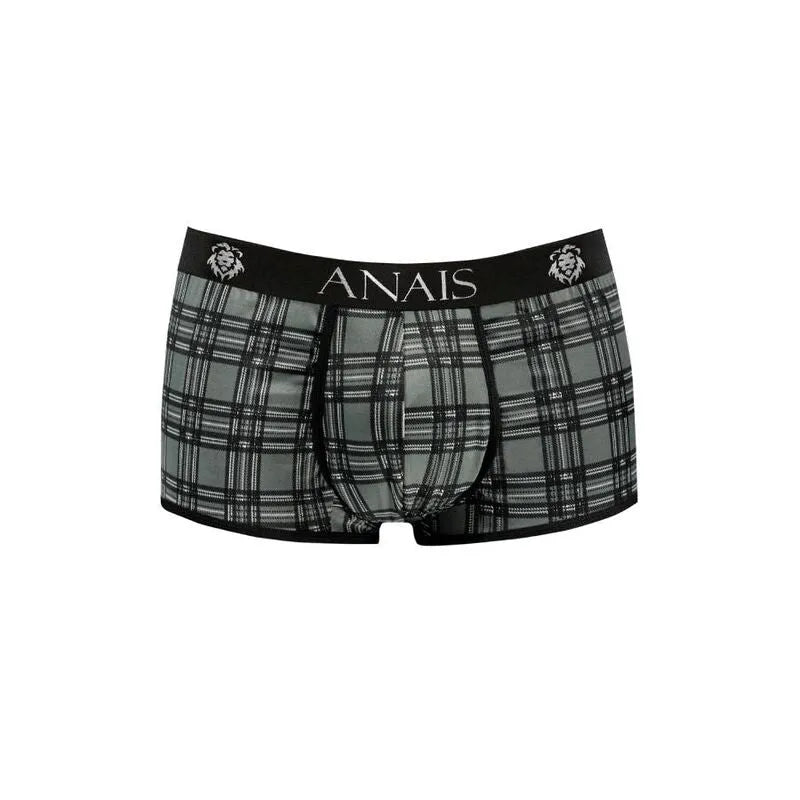 Boxer homme Anais Men Balance, microfibre à carreaux noirs, gris et blancs, coupe sportive, taille élastique noire.