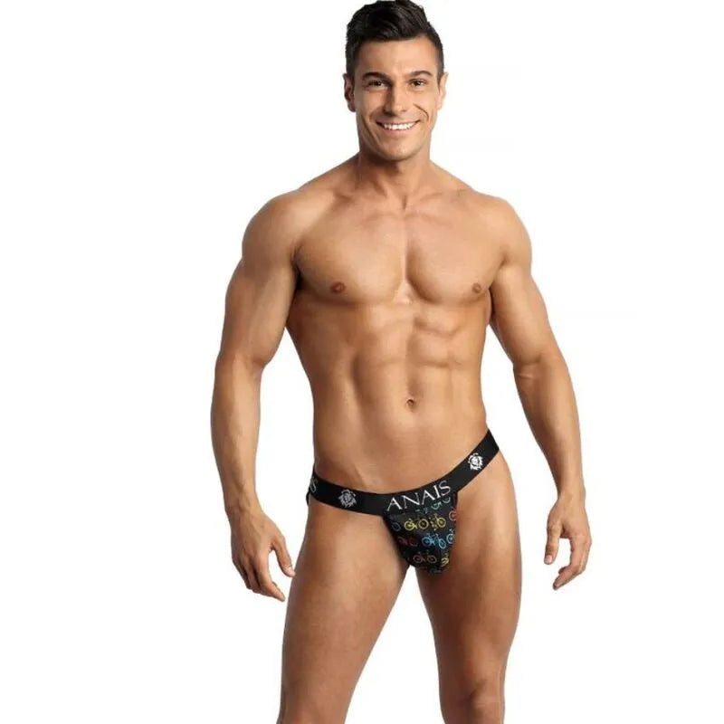 Jockstrap homme noir Anais avec motifs colorés, coupe audacieuse, ajustement parfait, révélant les fesses.