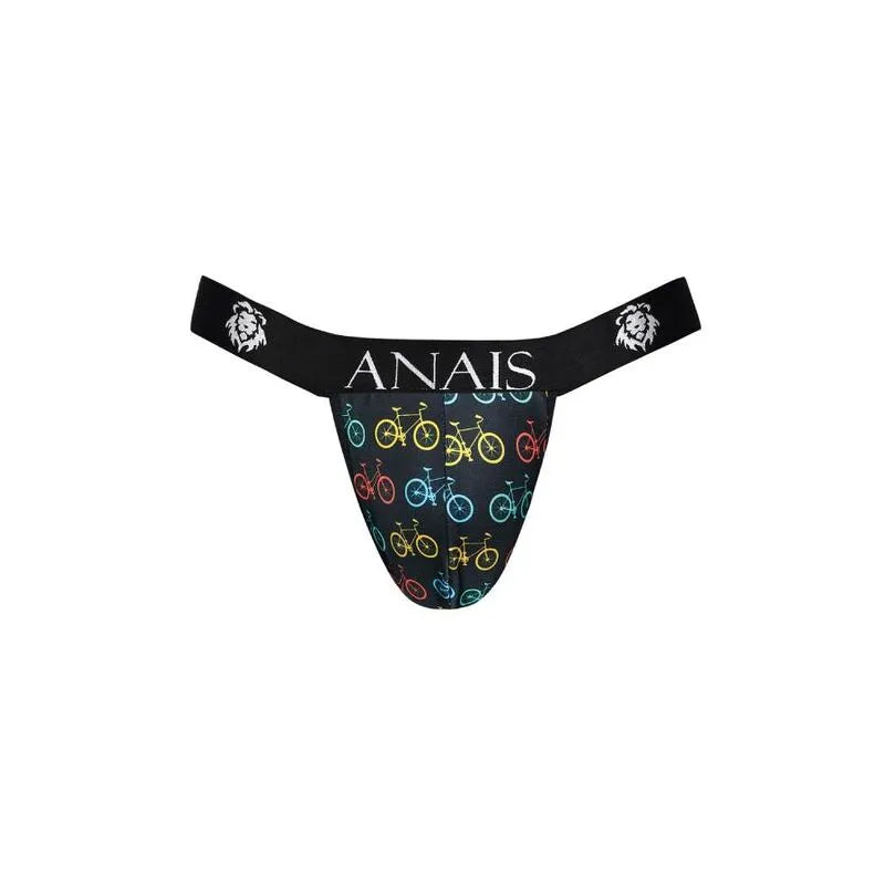Jockstrap Anais Men noir avec motifs vélos colorés, ceinture élastique logo Anais, coupe audacieuse et ajustée.