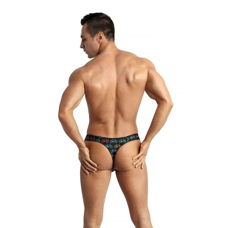 String homme Anais Benito noir avec motifs colorés, coupe ajustée, élastique délicat, confort optimal.