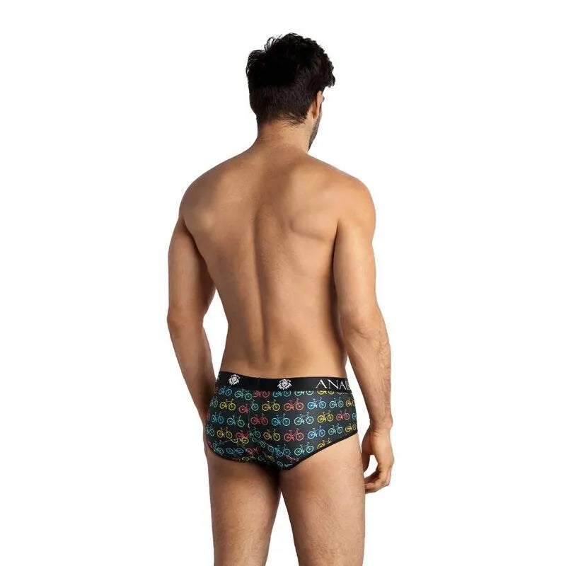 Slip homme ANAIS MEN - SLIP BENITO, coupe sportive, motifs vélos colorés, ajustement parfait, fond noir.