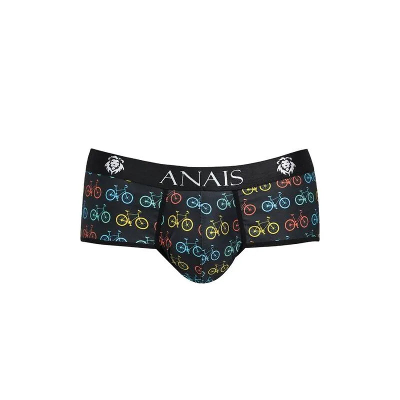 Slip ANAIS MEN Benito noir, motifs vélos colorés, coupe sportive, ceinture logo, ajustement parfait, matériaux de qualité.