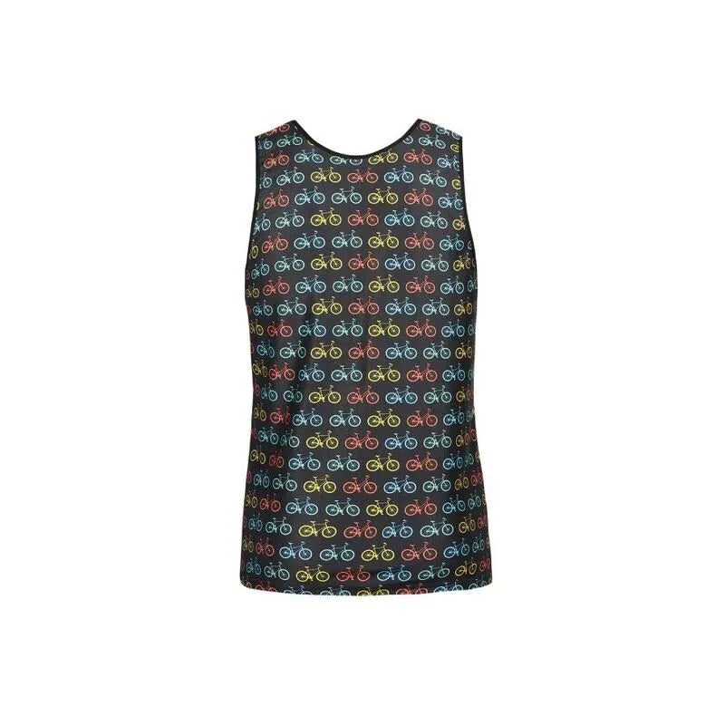 Débardeur ANAIS MEN sans manches, ajusté, motif vélos multicolores sur fond noir, composition 94% polyamide, 6% élasthanne.