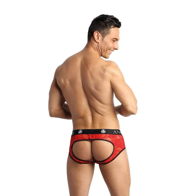 Bikini homme en dentelle rouge, imprimé fleuri, ouvert aux fesses, élégant et audacieux, vue arrière.