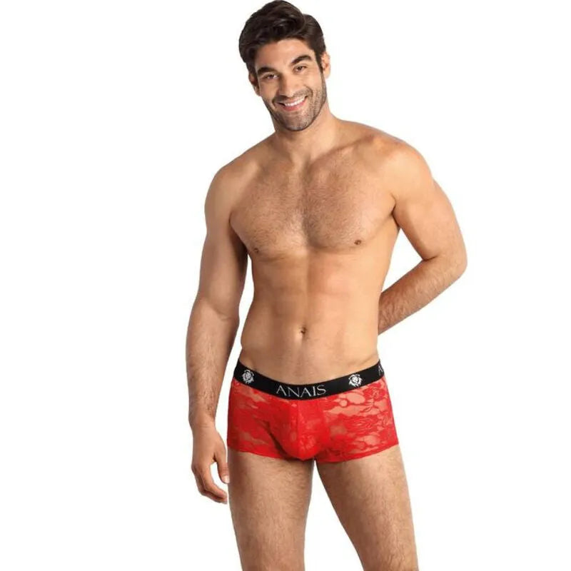 Boxer homme sport dentelle rouge fleuri, ajustement parfait, Anais Apparel, confort et style moderne.