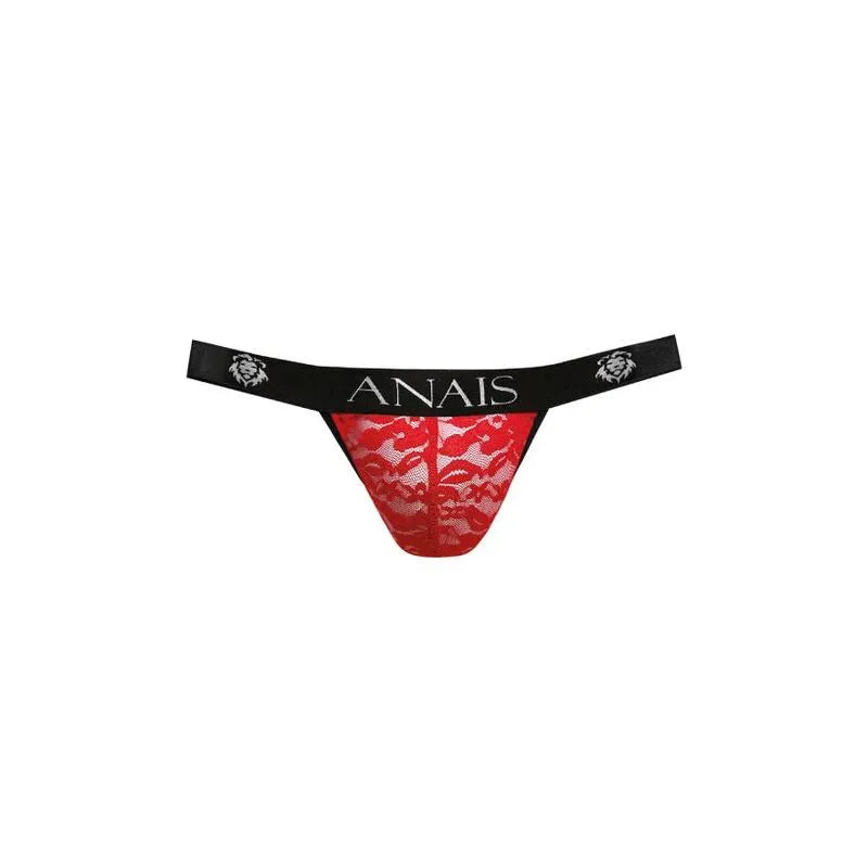 Jockstrap rouge en dentelle florale Anais, coupe audacieuse et ajustée, ceinture noire avec logo, style séduisant.