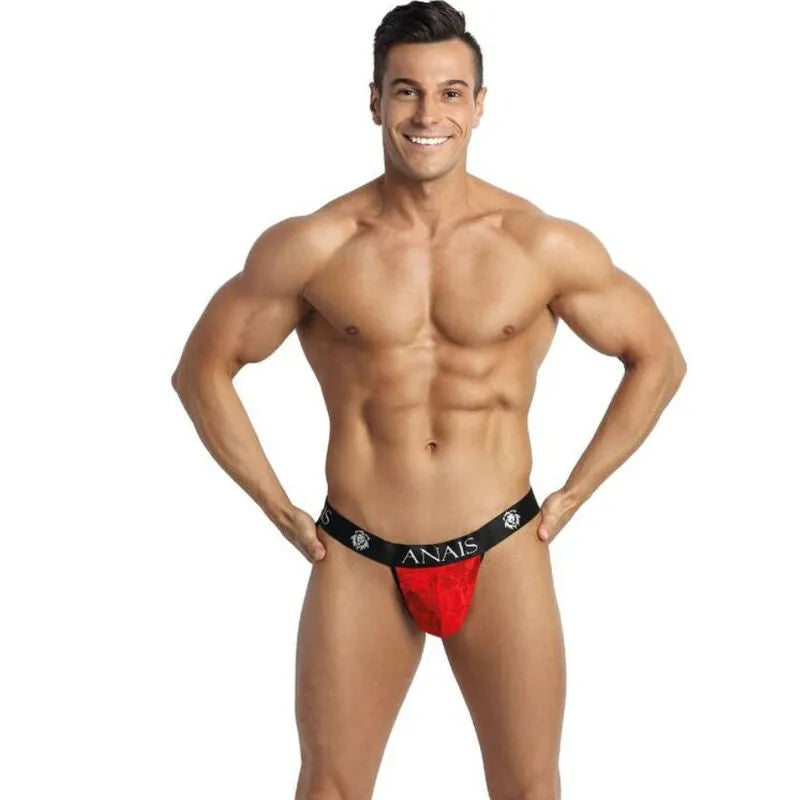 Jockstrap rouge en dentelle florale, coupe audacieuse, ceinture noire Anais, ajustement parfait, révélant les fesses.