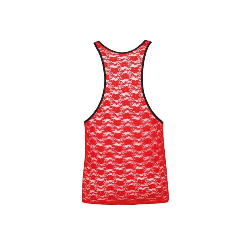 Débardeur homme rouge en dentelle florale, sans manches, ajusté, Anais Men Top Brave.
