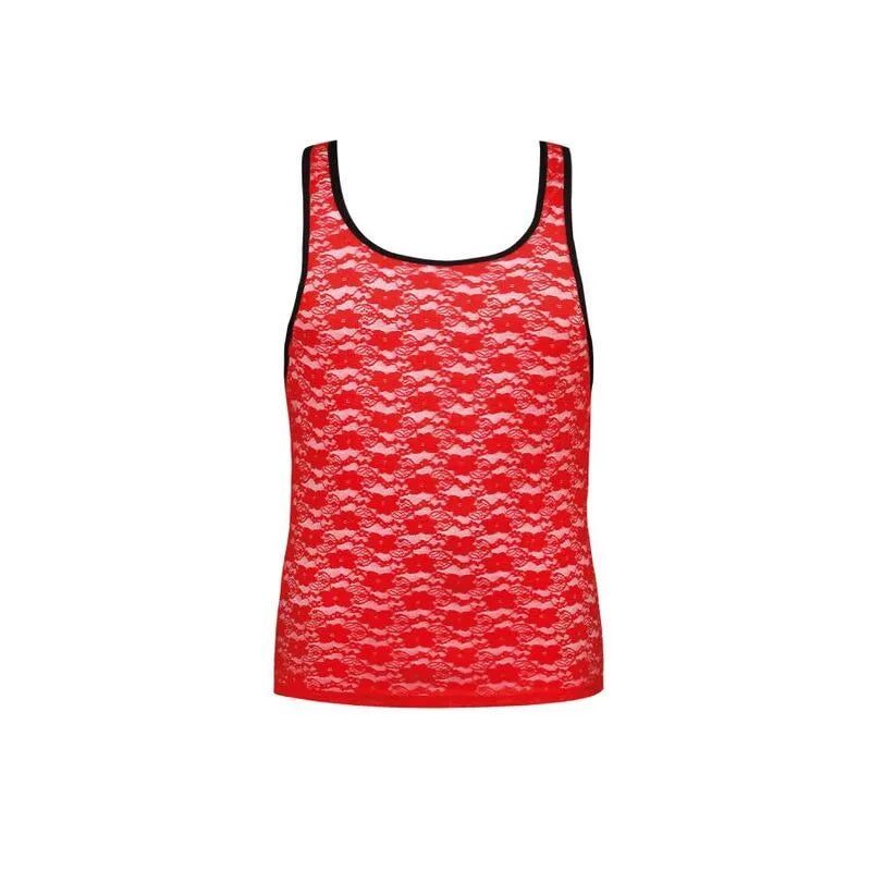 Débardeur homme rouge en dentelle florale, sans manches, ajusté, Anais Apparel, polyester et lycra, style classique.