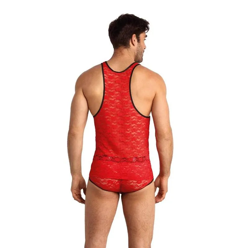 Débardeur rouge en dentelle florale sans manches, ajusté, pour homme, Anais Apparel.