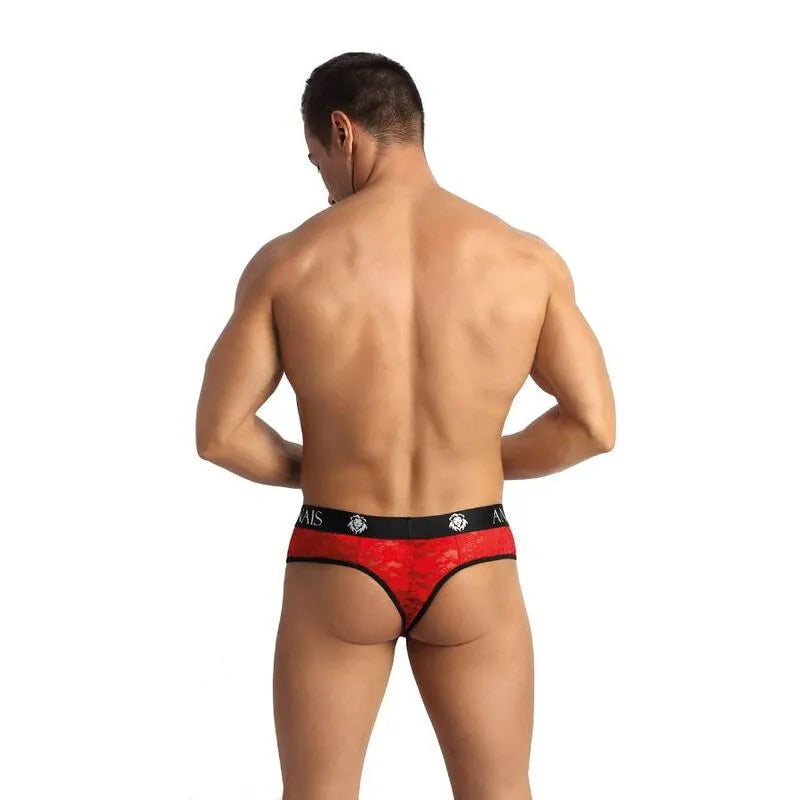 String homme rouge en dentelle florale, élastique noir, ajustement confortable, Anais Apparel.