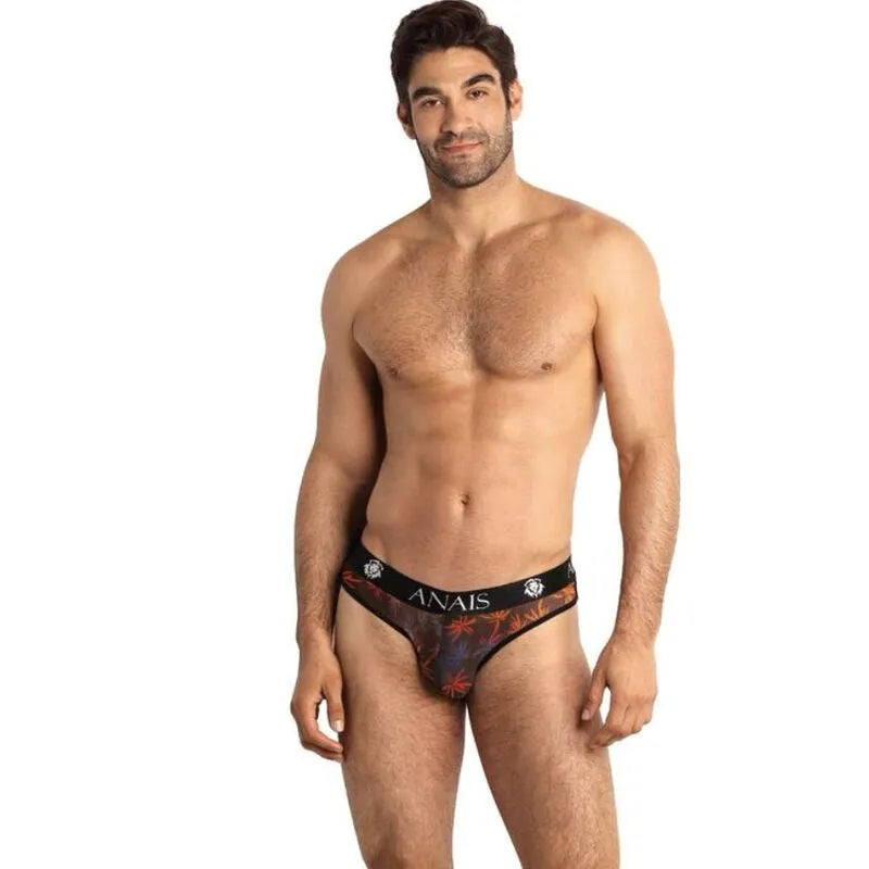 Slip homme noir Anais Men avec imprimé palmiers colorés, bande élastique à la taille, confort et style assuré.
