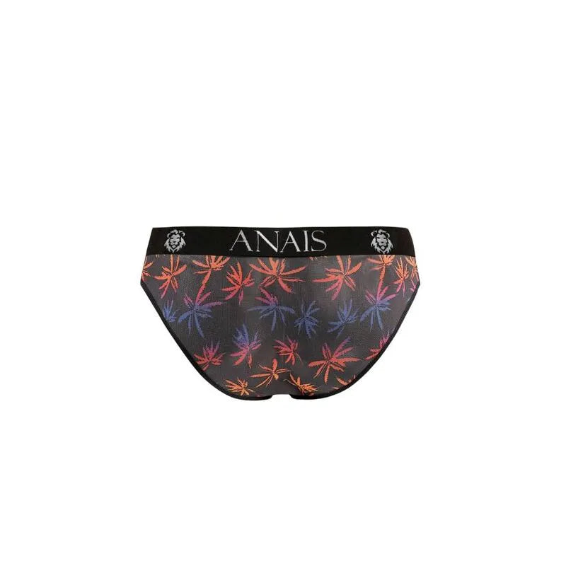 Slip homme Anais Men Chill, tulle noir imprimé palmiers colorés, bande élastique large et confortable à la taille.
