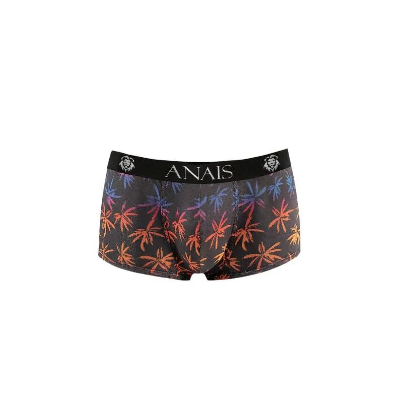 Boxer homme Anais noir avec imprimé palmiers colorés, coupe sportive, tulle doux, jambes longues, ajustement parfait.