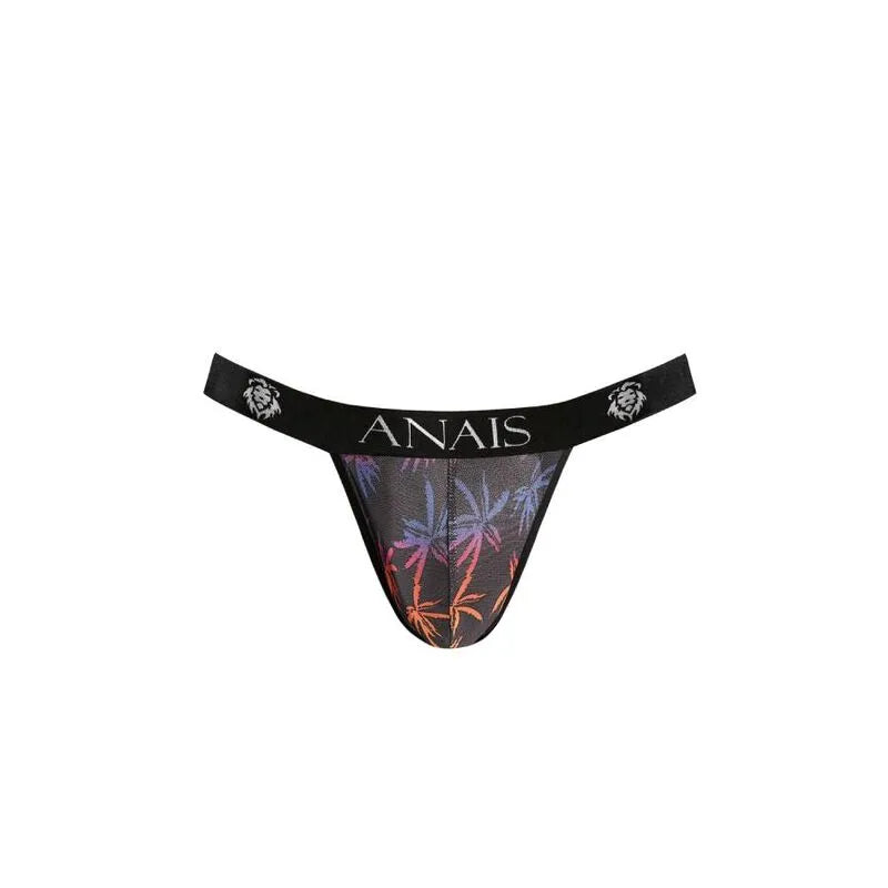 Jockstrap noir en tulle avec imprimé palmiers colorés, coupe audacieuse, marque Anais, ajustement parfait, sexy et moderne.