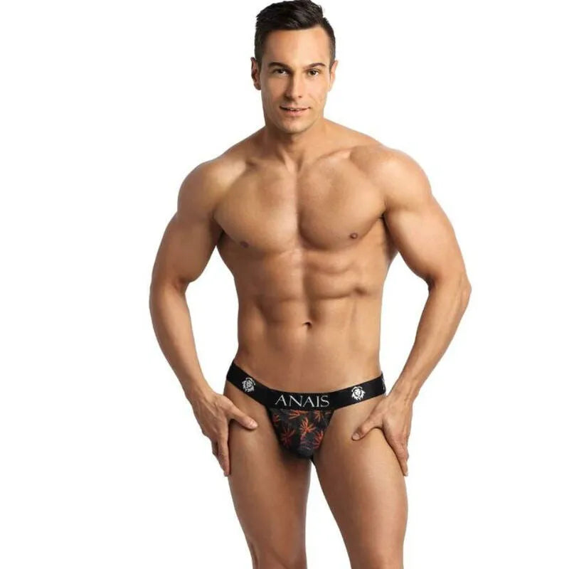 Jockstrap homme Anais noir avec imprimé palmiers, coupe audacieuse, révèle les fesses, ajustement parfait, sexy et élégant.