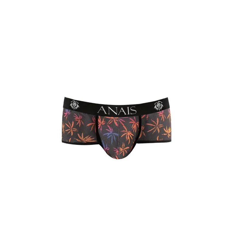 Boxer homme Anais noir avec imprimé palmiers colorés, coupe sportive, tulle doux, ajustement parfait.