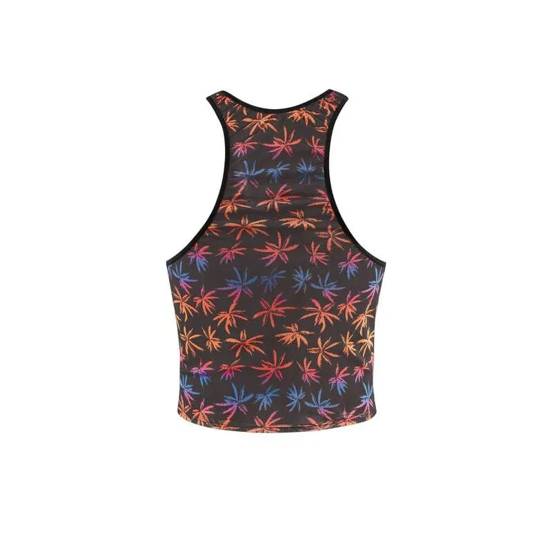 Débardeur en tulle noir imprimé palmiers colorés, sans manches, ajusté, pour homme, Anais Men Chill Top.