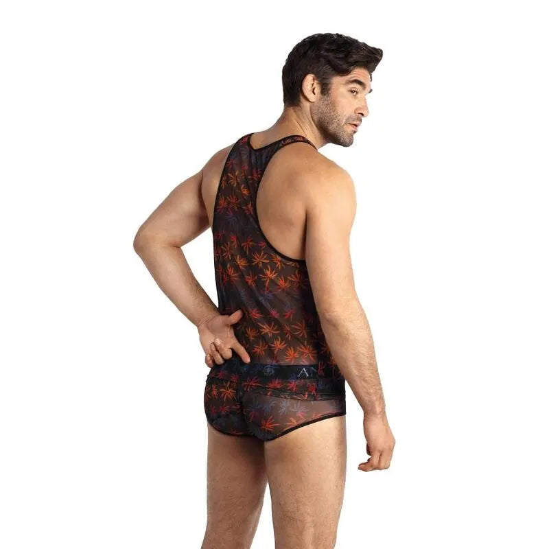 Débardeur homme en tulle noir imprimé palmiers colorés, ajusté, sans manches, style classique, Anais Apparel.