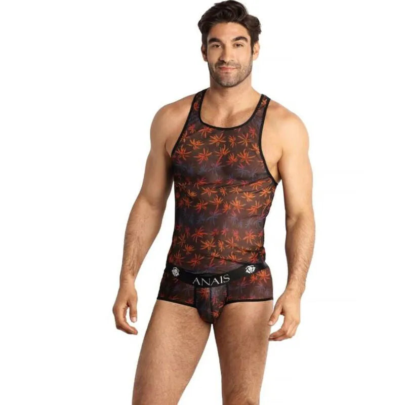 Débardeur homme noir en tulle avec imprimé palmiers colorés, sans manches, ajusté, Anais Men Chill Top.