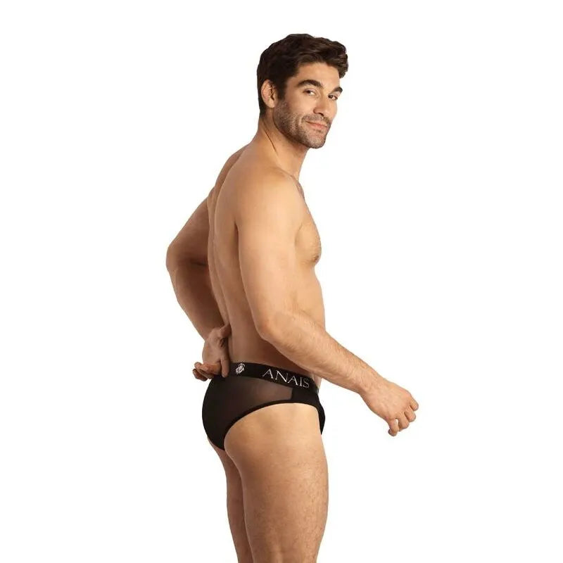 Slip homme noir Anais Men Éros, tulle élégant, bande élastique confortable, coupe sexy et ajustée.