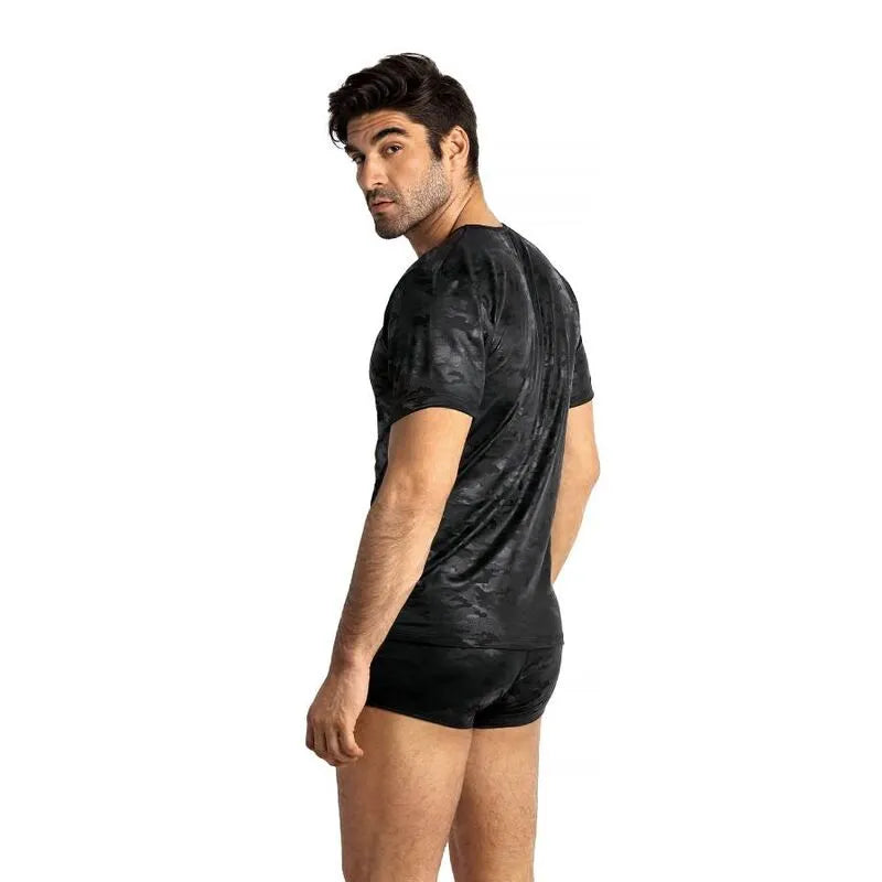 T-shirt homme noir ajusté, imprimé militaire, microfibre douce, Anais Men, vue de dos.
