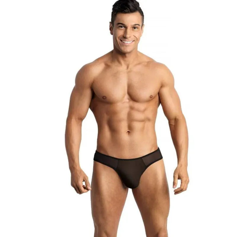String homme noir en tulle avec élastique délicat, ajustement parfait, confort optimal, séduction élégante.