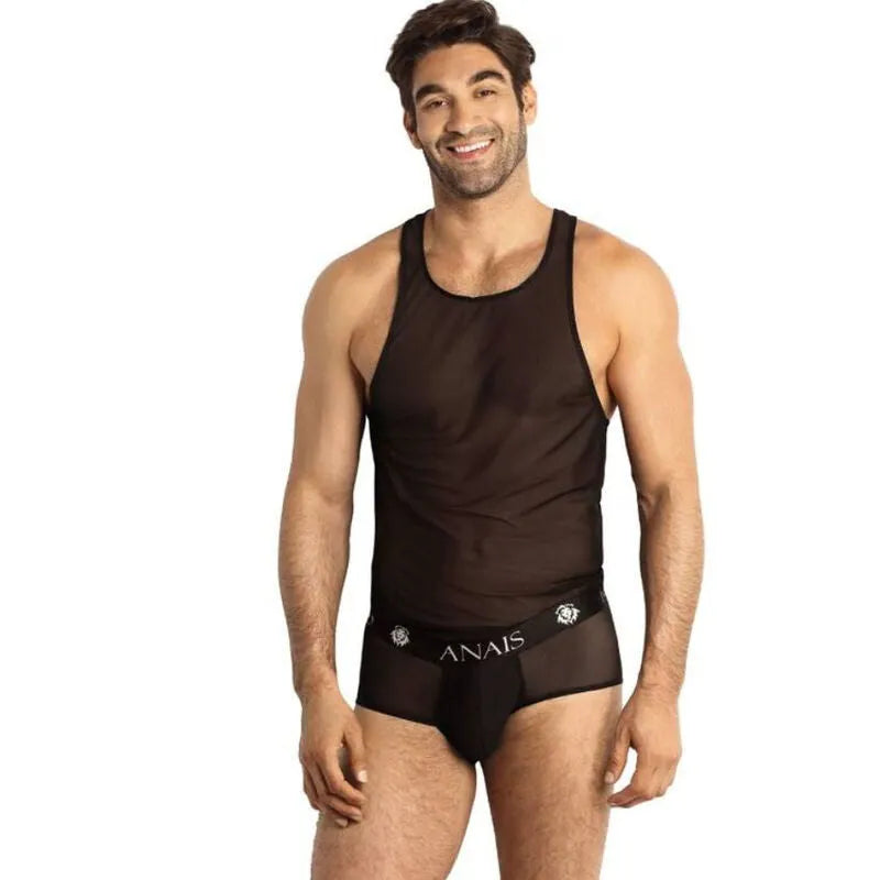 Débardeur Éros homme en tulle noir ajusté, sans manches, finition élégante, style classique, par Anais Apparel.