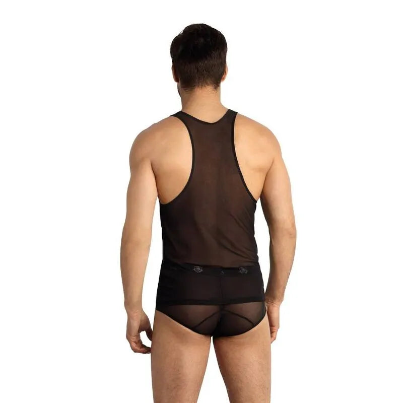 Débardeur homme Éros en tulle noir, sans manches, ajusté, finition élégante, Anais Apparel, lingerie sexy.