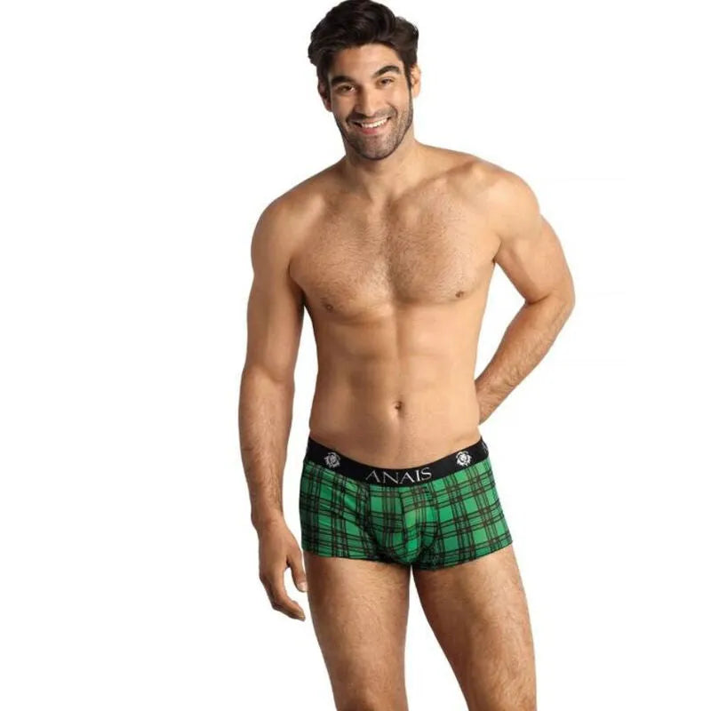 Boxer homme vert à carreaux noirs, bande élastique noire, coupe ajustée, confort optimal, Anais Apparel.